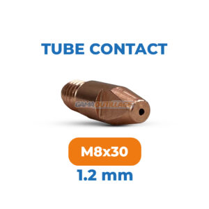 Tube contact MIG/MAG M8 x 30 mm pour fil de soudage 1.2 mm, tenu entre les doigts, vue de près