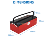 de la caisse à outils métallique : longueur 503 mm, largeur 204 mm, hauteur 155 mm, poignée 112 mm