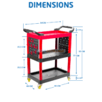 Dimensions du chariot multi usage ZERE GA678 avec mesures détaillées en centimètres des plateaux, poignées et roulettes