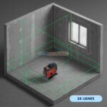 Niveau laser SOFICLEF NLR-12 en fonctionnement projetant 12 lignes vertes 360° dans une pièce
