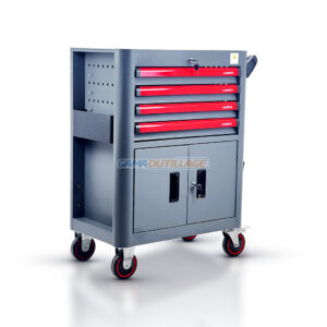 Servante d'atelier LAUNCH TTH-208 avec 4 tiroirs rouges et compartiment bas verrouillable, montée sur roulettes.